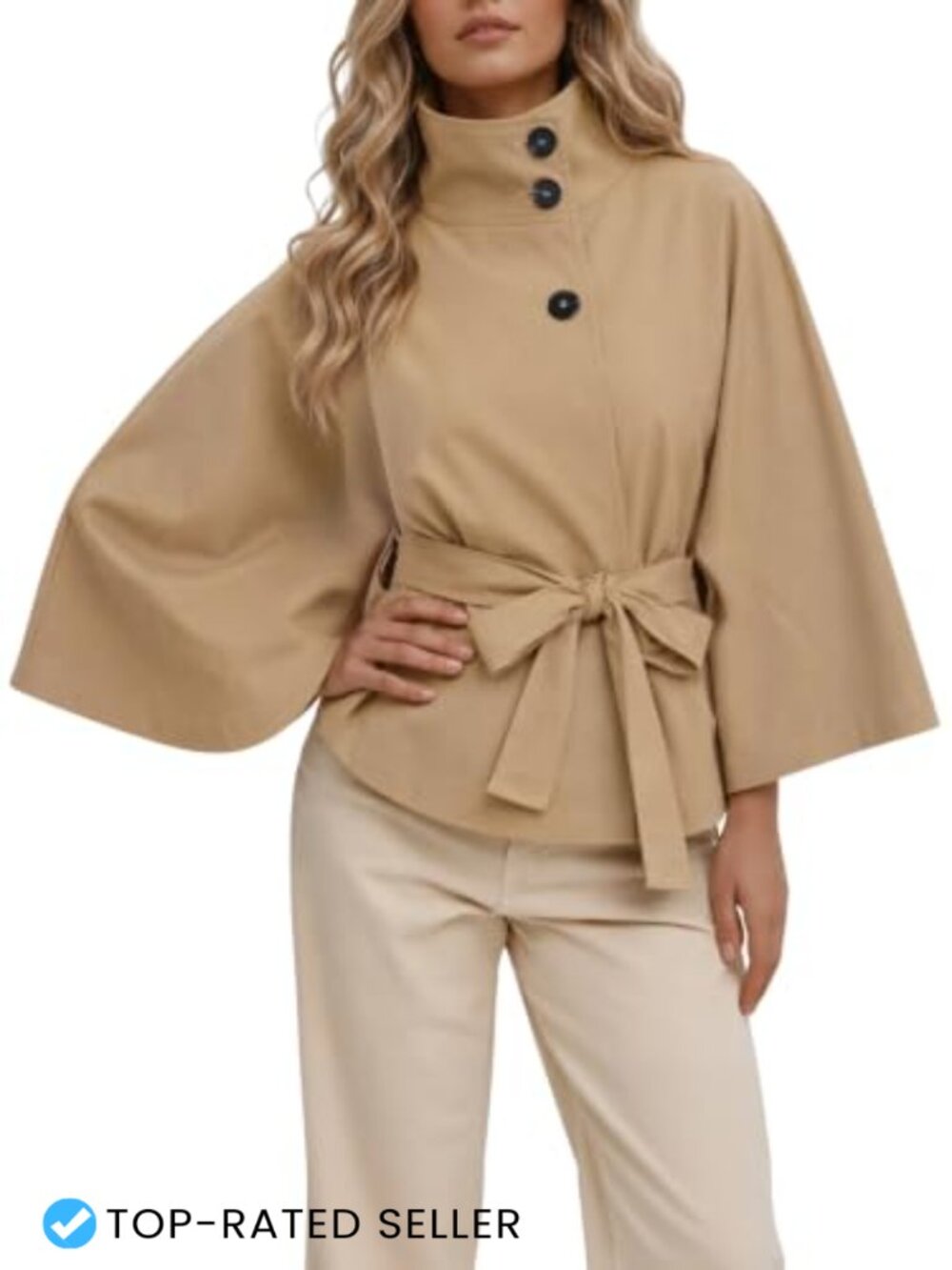 Cropped Trench Coat Cape Sleeve Funnel Neck Belted Jacket